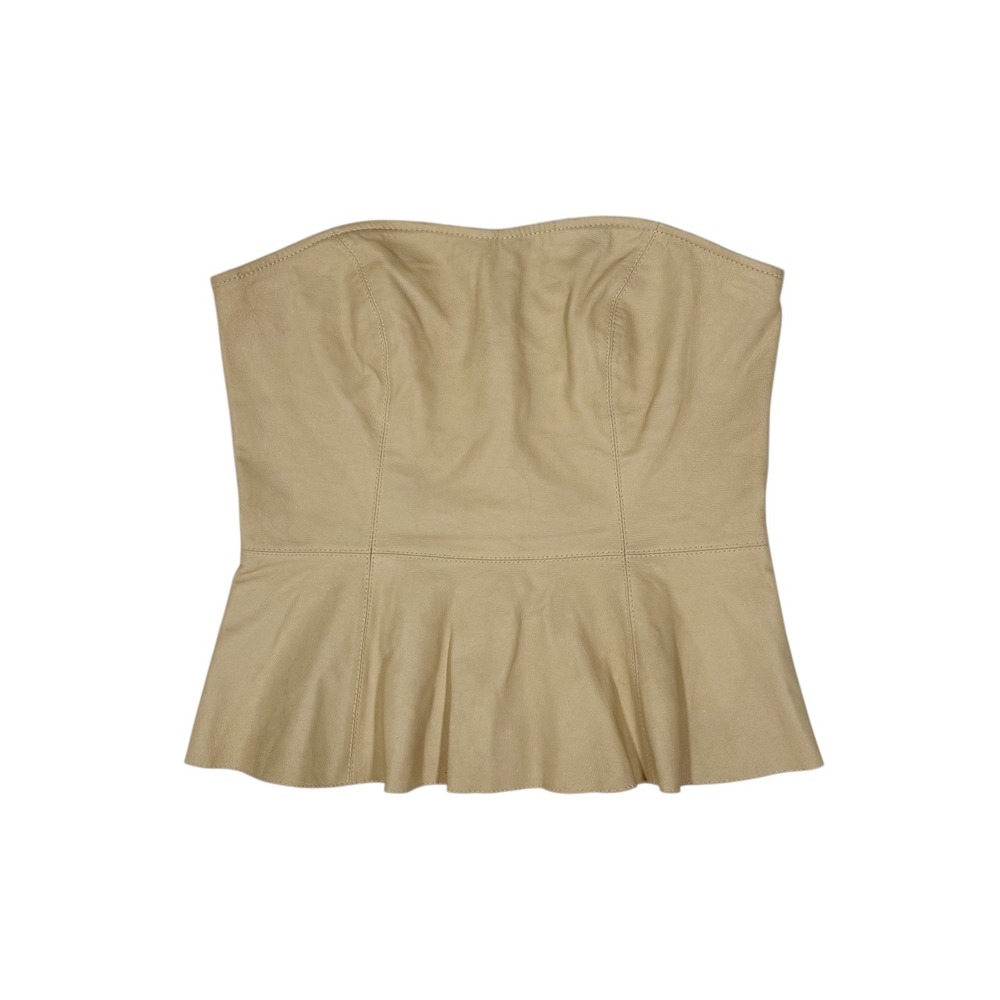 Beige Genuine Leather Peplum Corset Strapless Sweetheart Top